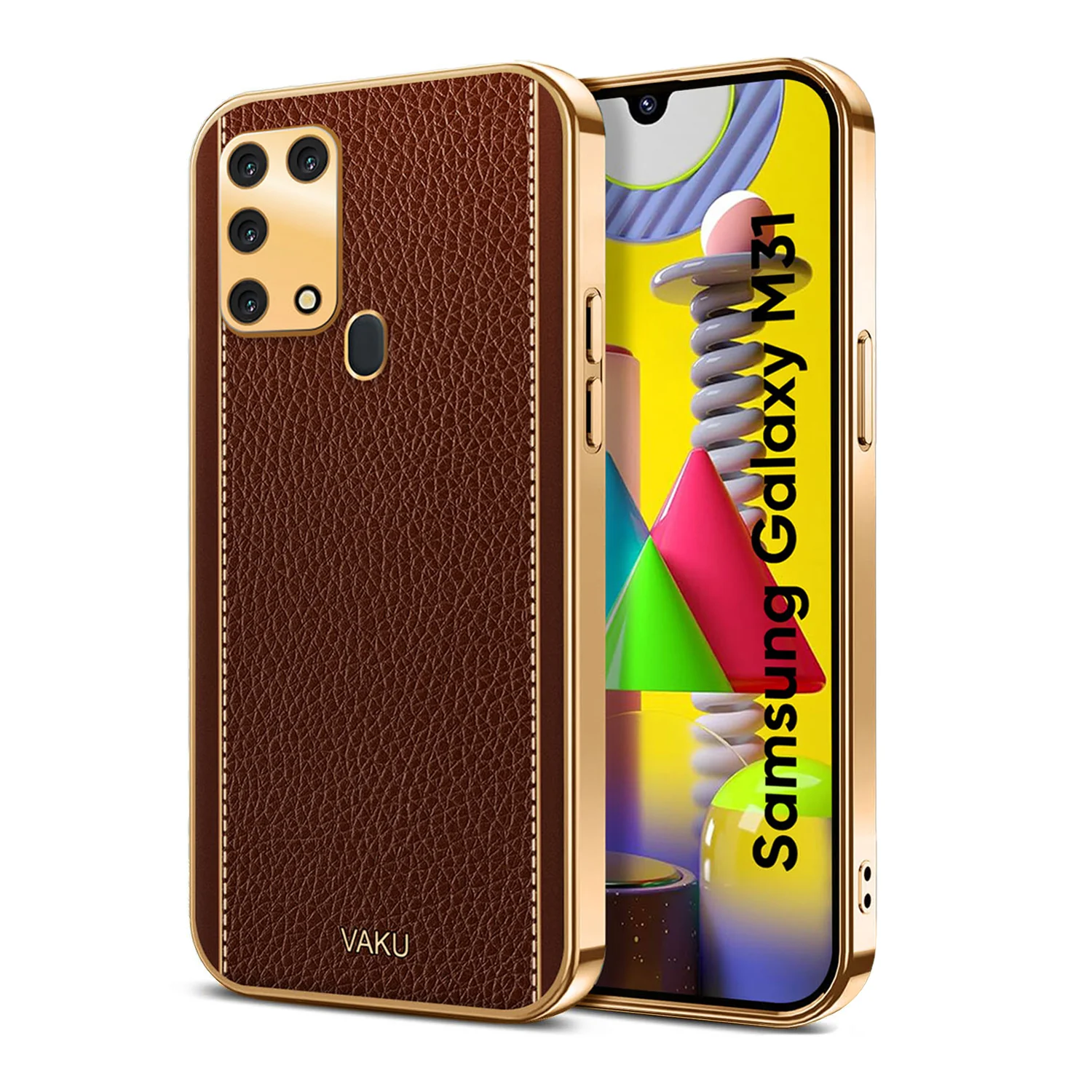 Vaku® Samsung Galaxy M31 Luxemberg Series Leather Stitched Gold Electroplated Soft TPU Back Cover - Image 5