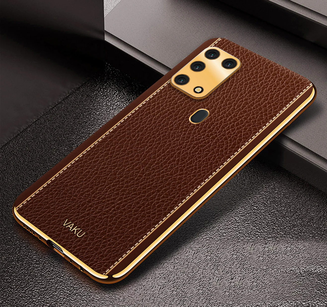 Vaku® Samsung Galaxy M31 Luxemberg Series Leather Stitched Gold Electroplated Soft TPU Back Cover - Image 7