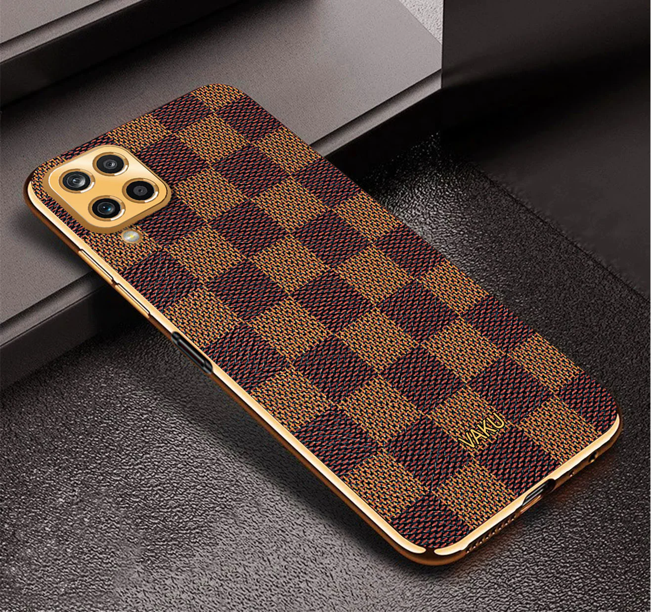 Vaku® Samsung Galaxy M32 Cheron Series Leather Stitched Gold Electroplated Soft TPU Back Cover - Image 3