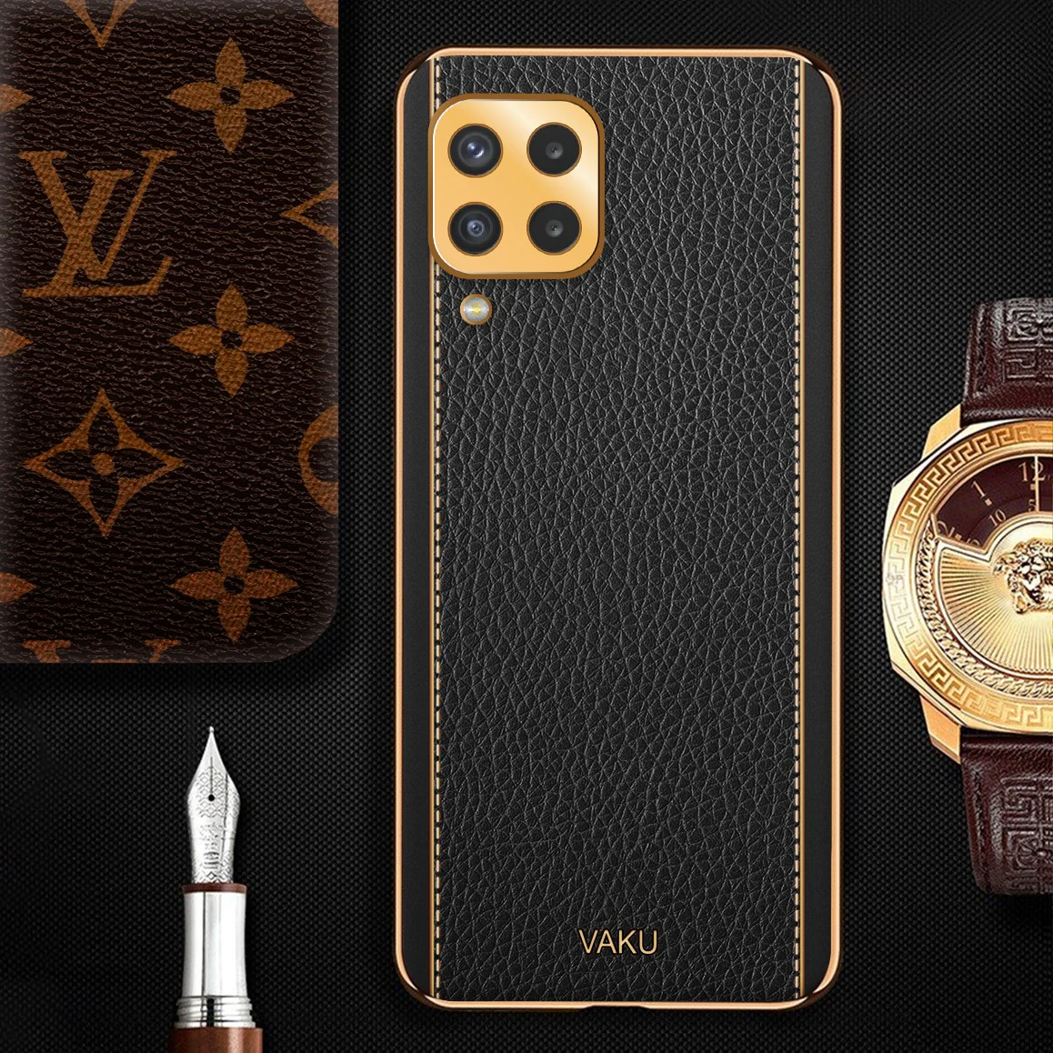 Vaku® Samsung Galaxy M32 Luxemberg Series Leather Stitched Gold Electroplated Soft TPU Back Cover - Image 10