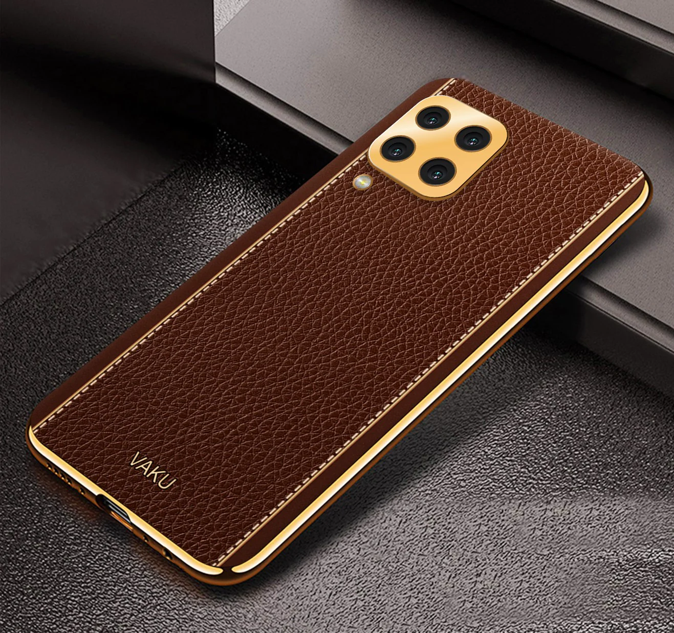 Vaku® Samsung Galaxy M32 Luxemberg Series Leather Stitched Gold Electroplated Soft TPU Back Cover - Image 11