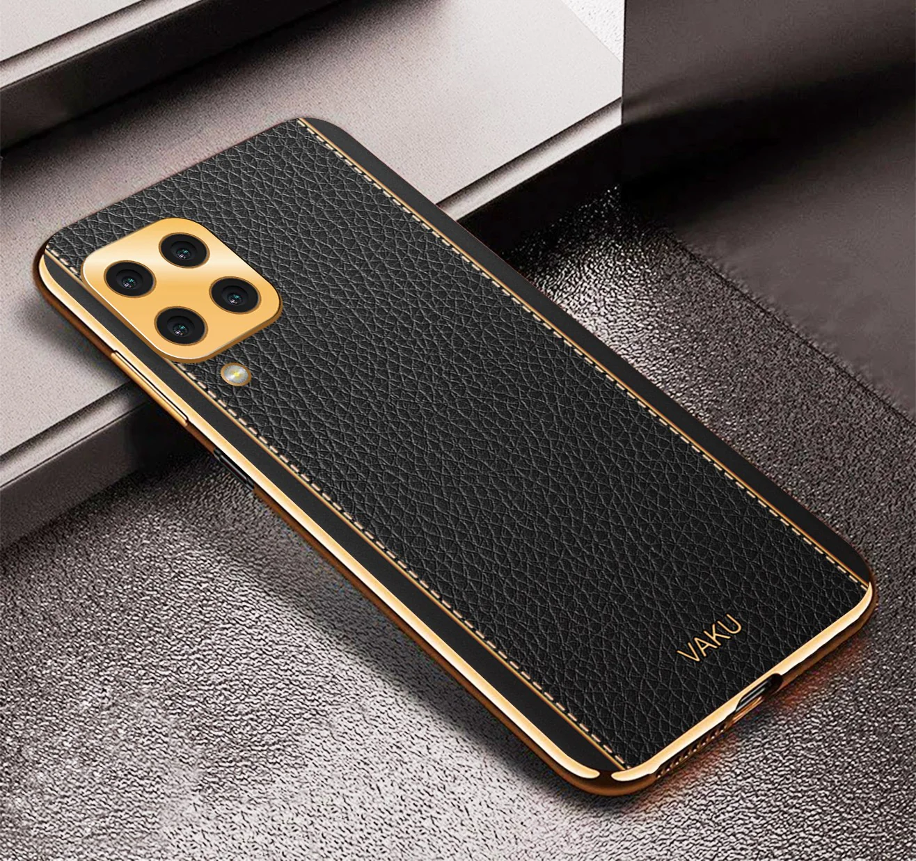 Vaku® Samsung Galaxy M32 Luxemberg Series Leather Stitched Gold Electroplated Soft TPU Back Cover - Image 13