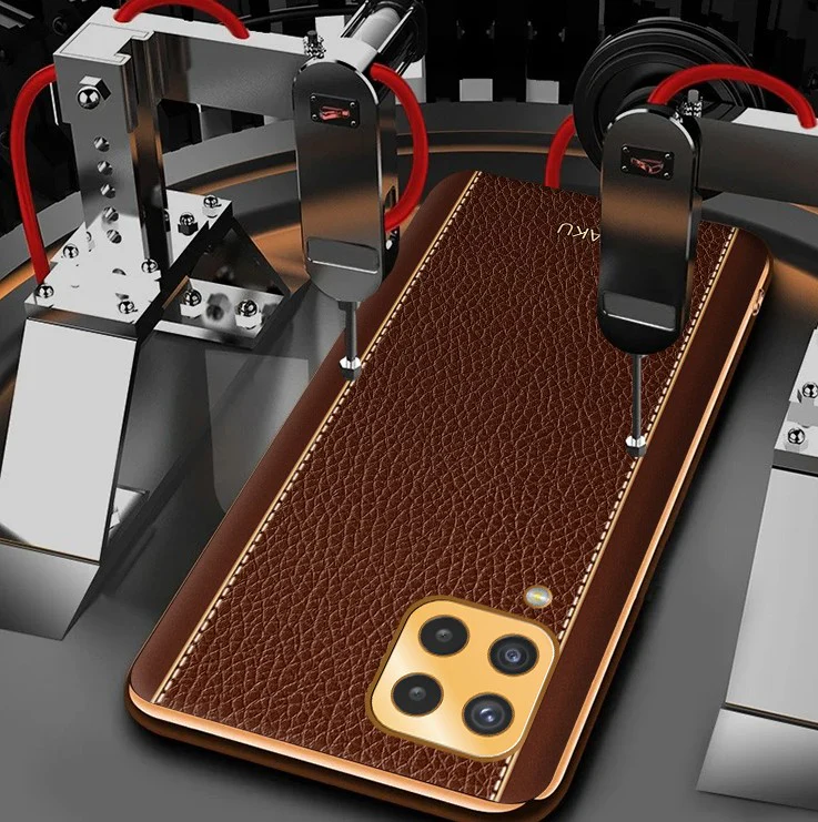 Vaku® Samsung Galaxy M32 Luxemberg Series Leather Stitched Gold Electroplated Soft TPU Back Cover - Image 4