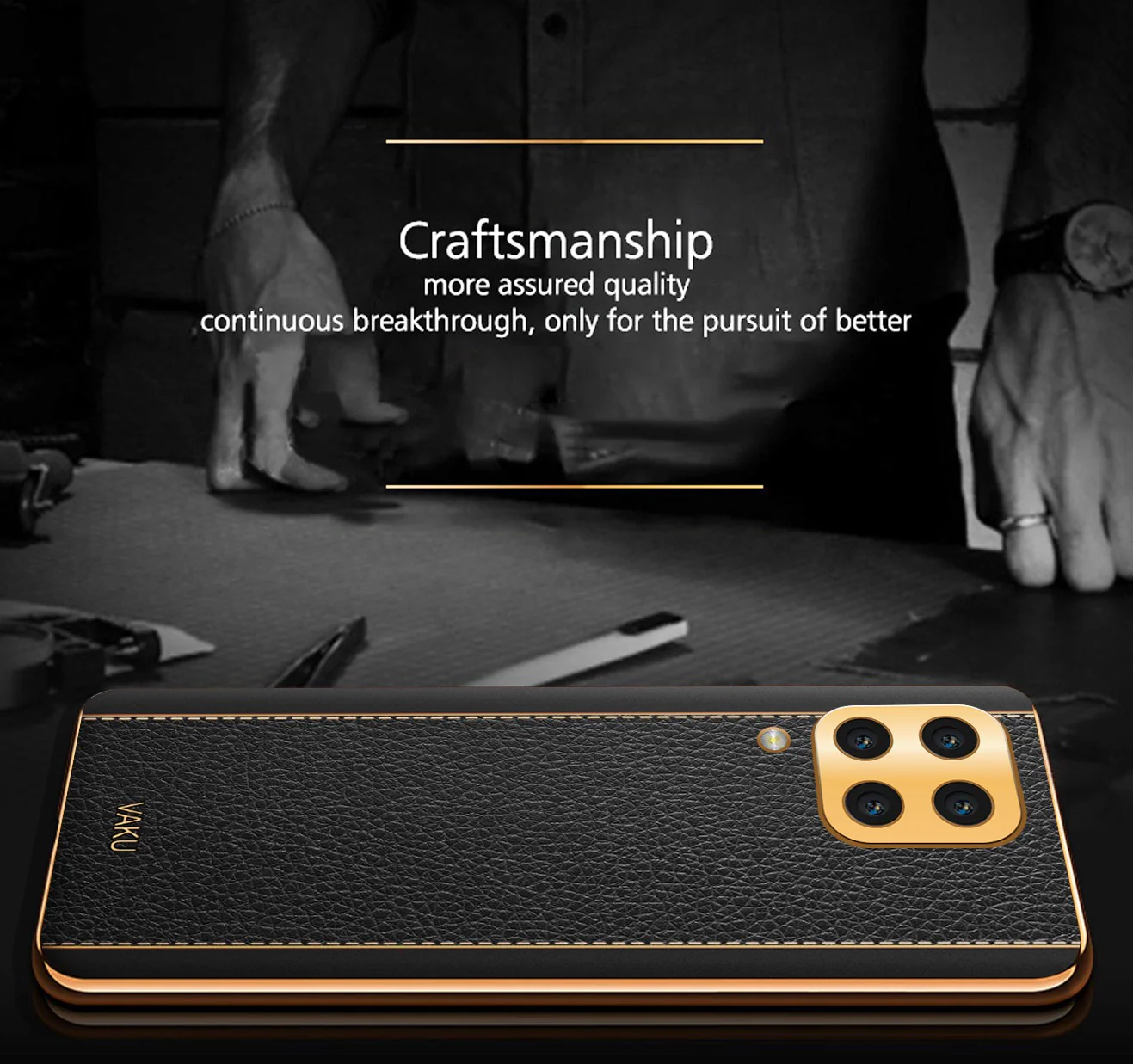 Vaku® Samsung Galaxy M32 Luxemberg Series Leather Stitched Gold Electroplated Soft TPU Back Cover - Image 6