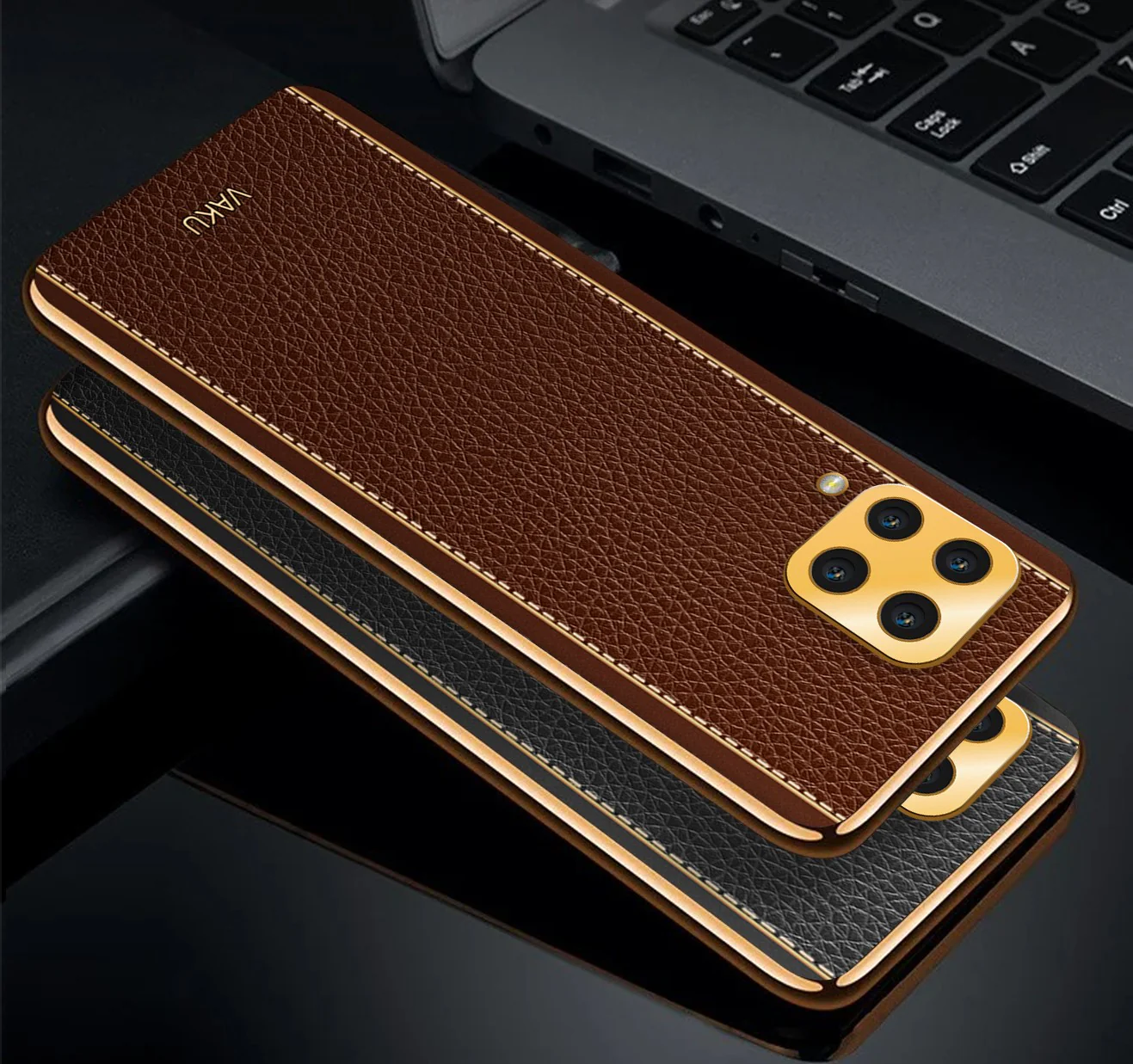 Vaku® Samsung Galaxy M32 Luxemberg Series Leather Stitched Gold Electroplated Soft TPU Back Cover - Image 8
