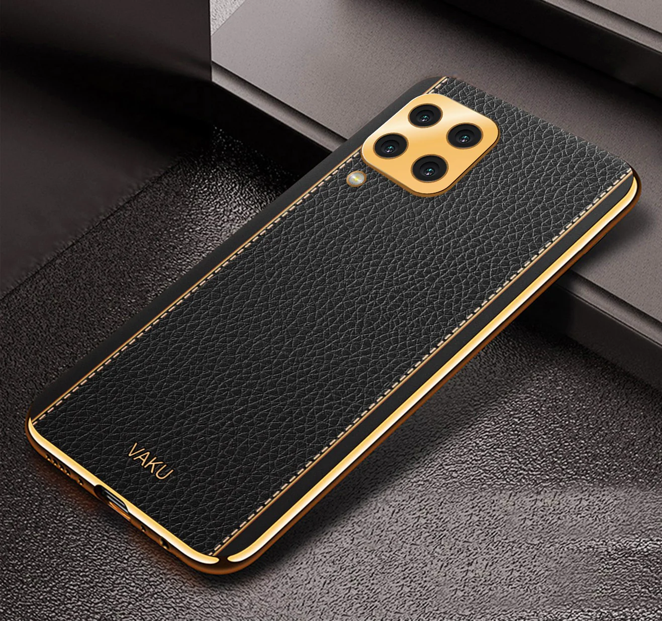 Vaku® Samsung Galaxy M32 Luxemberg Series Leather Stitched Gold Electroplated Soft TPU Back Cover - Image 9