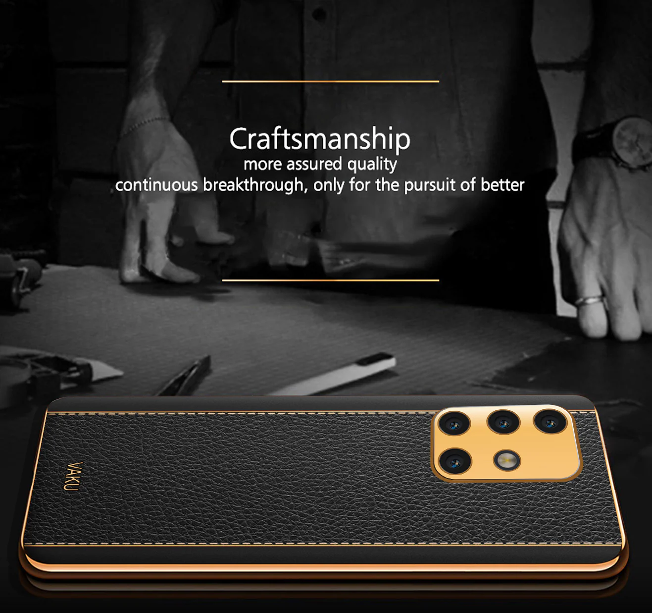 Vaku® Samsung Galaxy M51 Luxemberg Series Leather Stitched Gold Electroplated Soft TPU Back Cover - Image 3