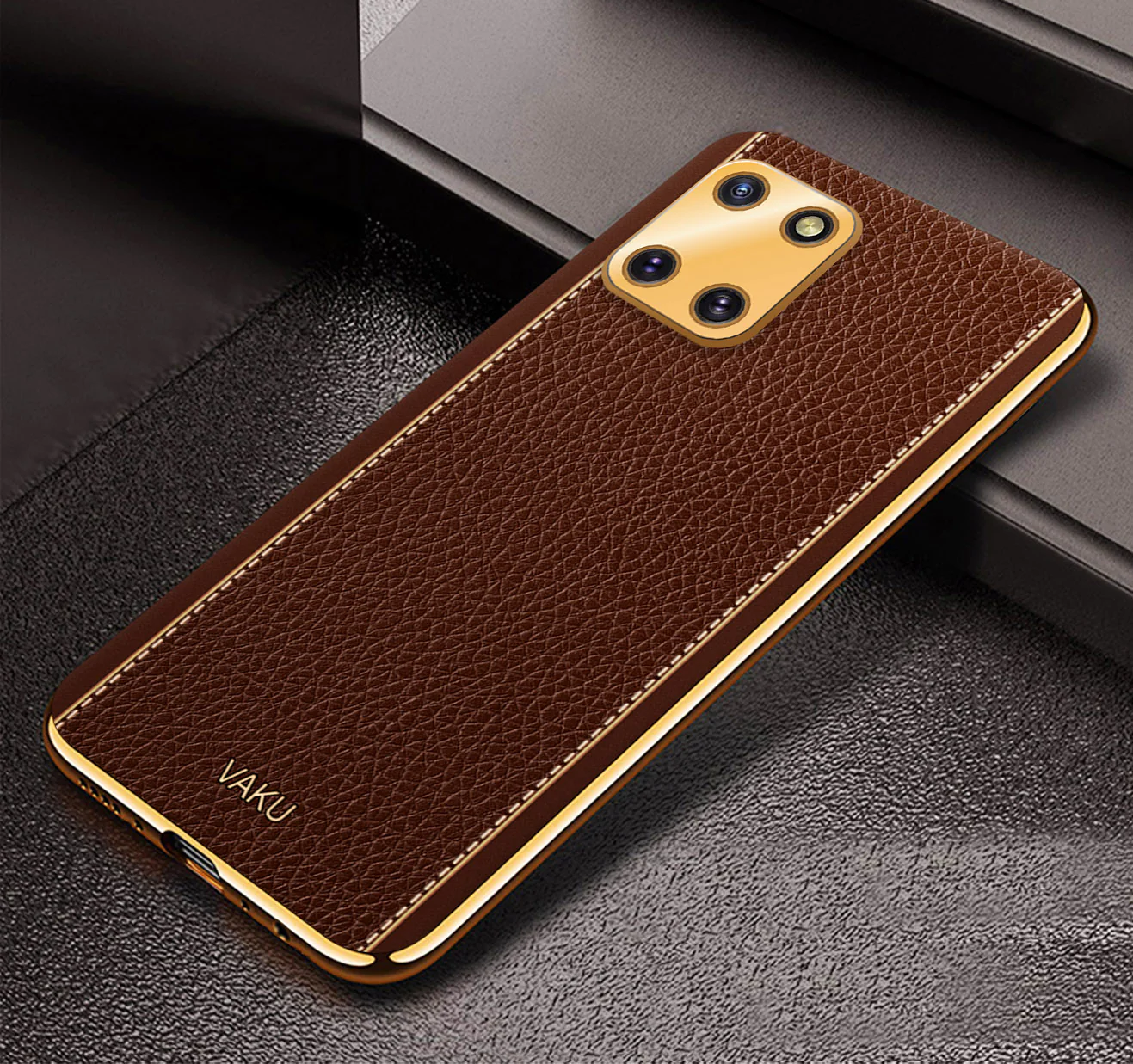 Vaku® Samsung Galaxy Note 10 Lite Luxemberg Series Leather Stitched Gold Electroplated Soft TPU Back Cover - Image 7
