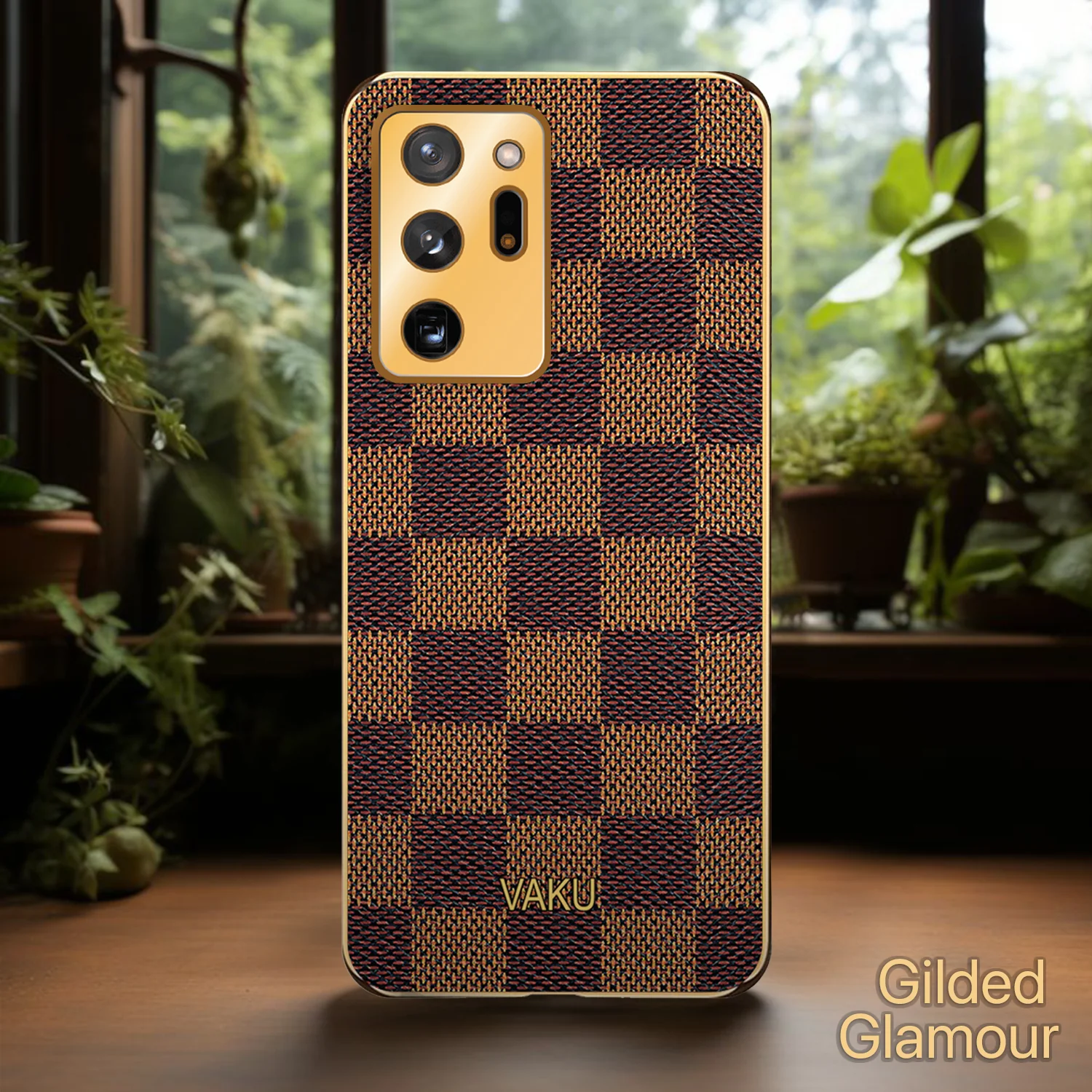 Vaku® Samsung Galaxy Note 20 Ultra Cheron Series Leather Stitched Gold Electroplated Soft TPU Back Cover - Image 4