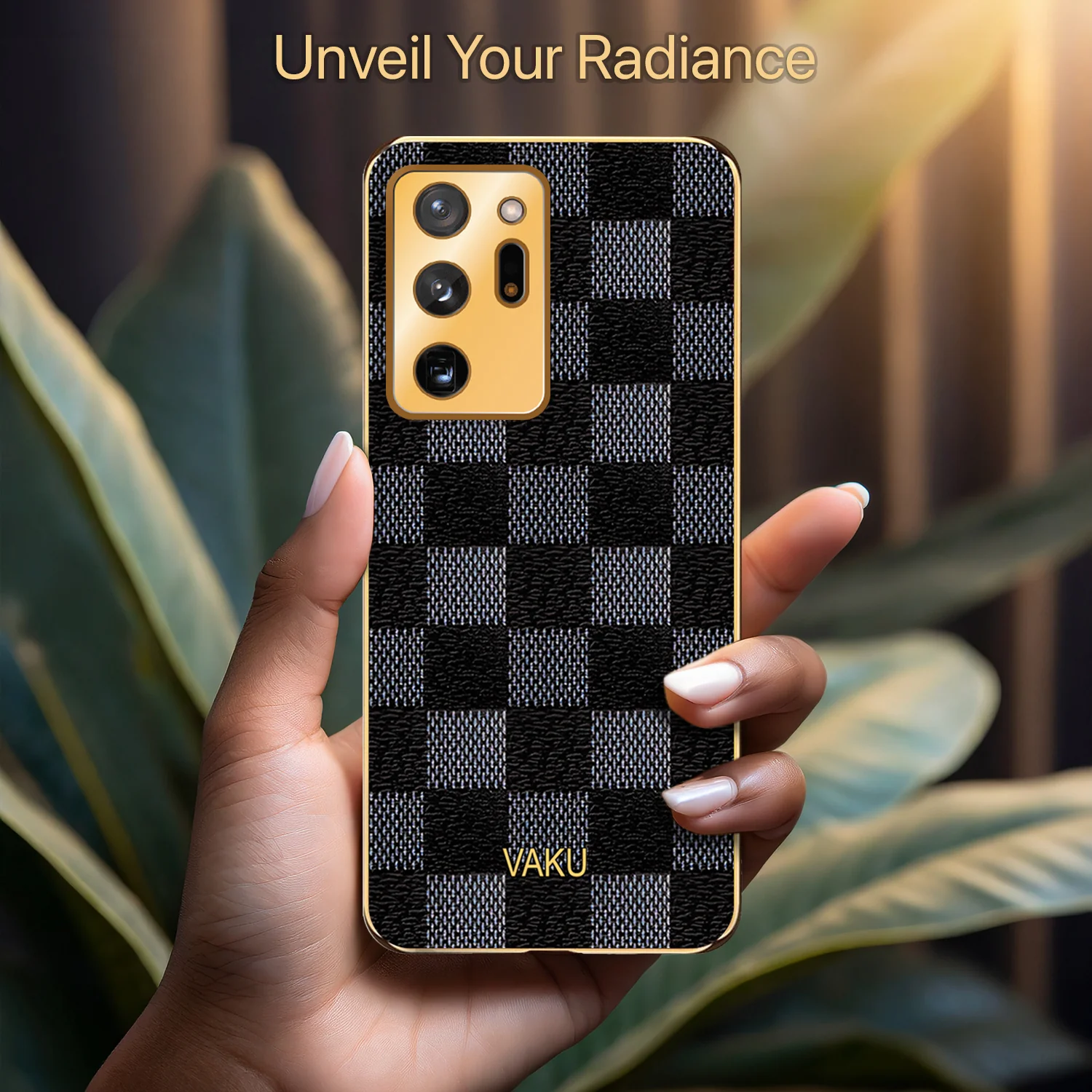 Vaku® Samsung Galaxy Note 20 Ultra Cheron Series Leather Stitched Gold Electroplated Soft TPU Back Cover - Image 5
