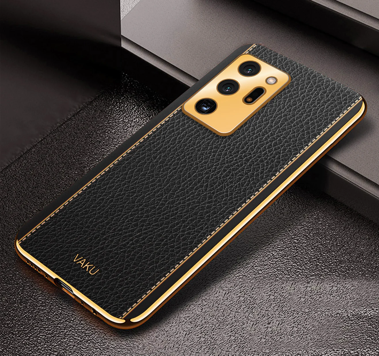 Vaku® Samsung Galaxy Note 20 Ultra Luxemberg Series Leather Stitched Gold Electroplated Soft TPU Back Cover - Image 10