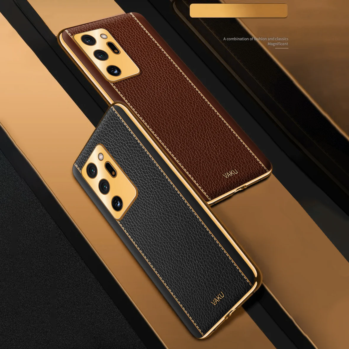 Vaku® Samsung Galaxy Note 20 Ultra Luxemberg Series Leather Stitched Gold Electroplated Soft TPU Back Cover - Image 11