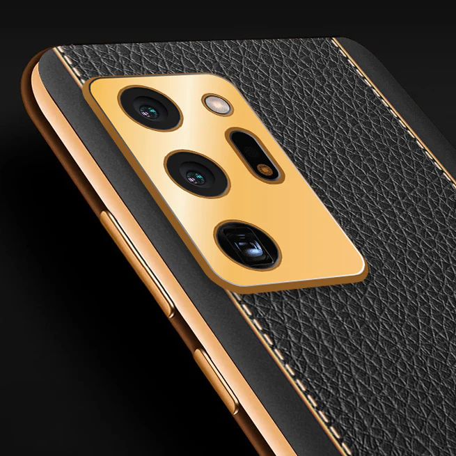 Vaku® Samsung Galaxy Note 20 Ultra Luxemberg Series Leather Stitched Gold Electroplated Soft TPU Back Cover - Image 2