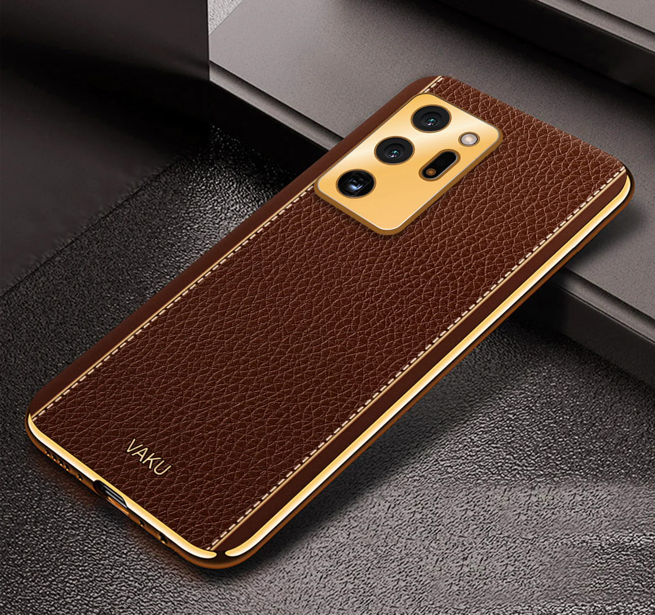 Vaku® Samsung Galaxy Note 20 Ultra Luxemberg Series Leather Stitched Gold Electroplated Soft TPU Back Cover - Image 7