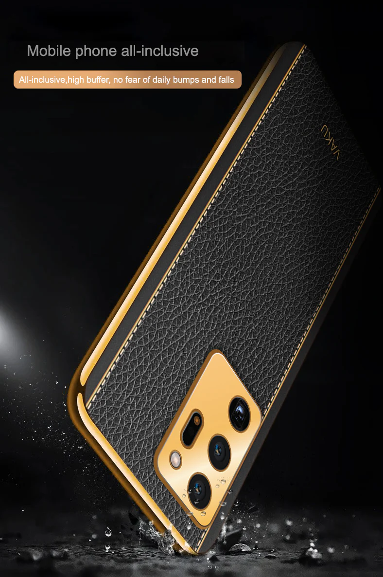 Vaku® Samsung Galaxy Note 20 Ultra Luxemberg Series Leather Stitched Gold Electroplated Soft TPU Back Cover - Image 9