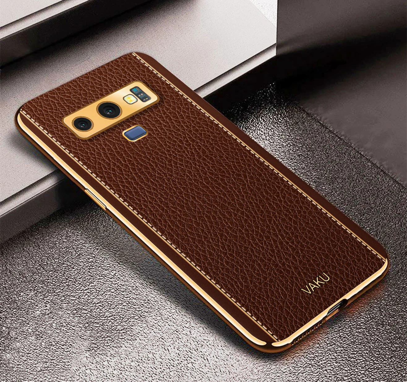 Vaku® Samsung Galaxy Note 9 Luxemberg Series Leather Stitched Gold Electroplated Soft TPU Back Cover