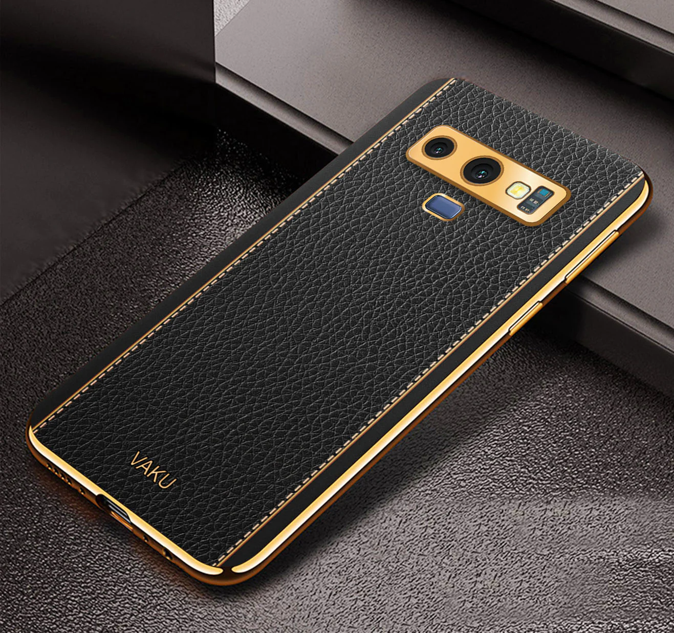 Vaku® Samsung Galaxy Note 9 Luxemberg Series Leather Stitched Gold Electroplated Soft TPU Back Cover - Image 10
