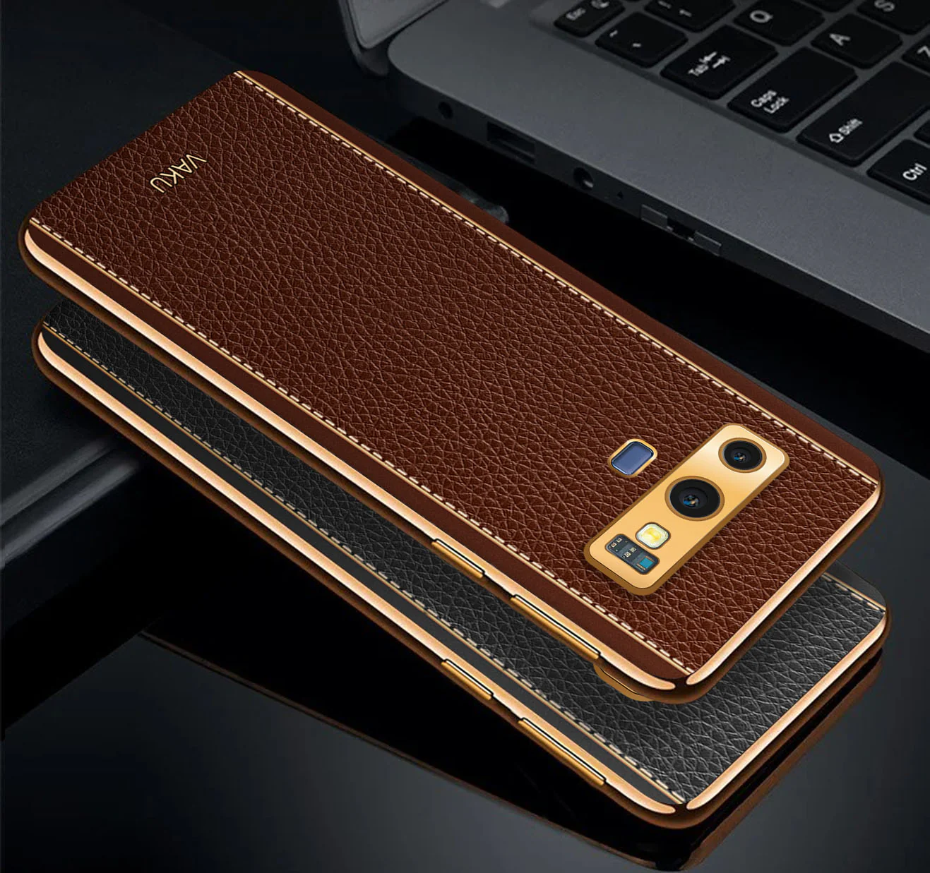 Vaku® Samsung Galaxy Note 9 Luxemberg Series Leather Stitched Gold Electroplated Soft TPU Back Cover - Image 3