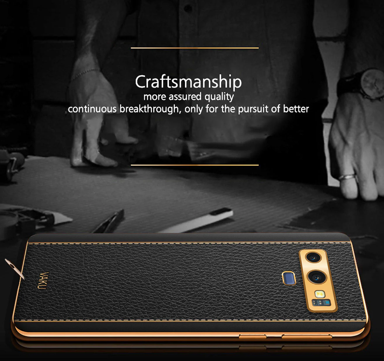 Vaku® Samsung Galaxy Note 9 Luxemberg Series Leather Stitched Gold Electroplated Soft TPU Back Cover - Image 4