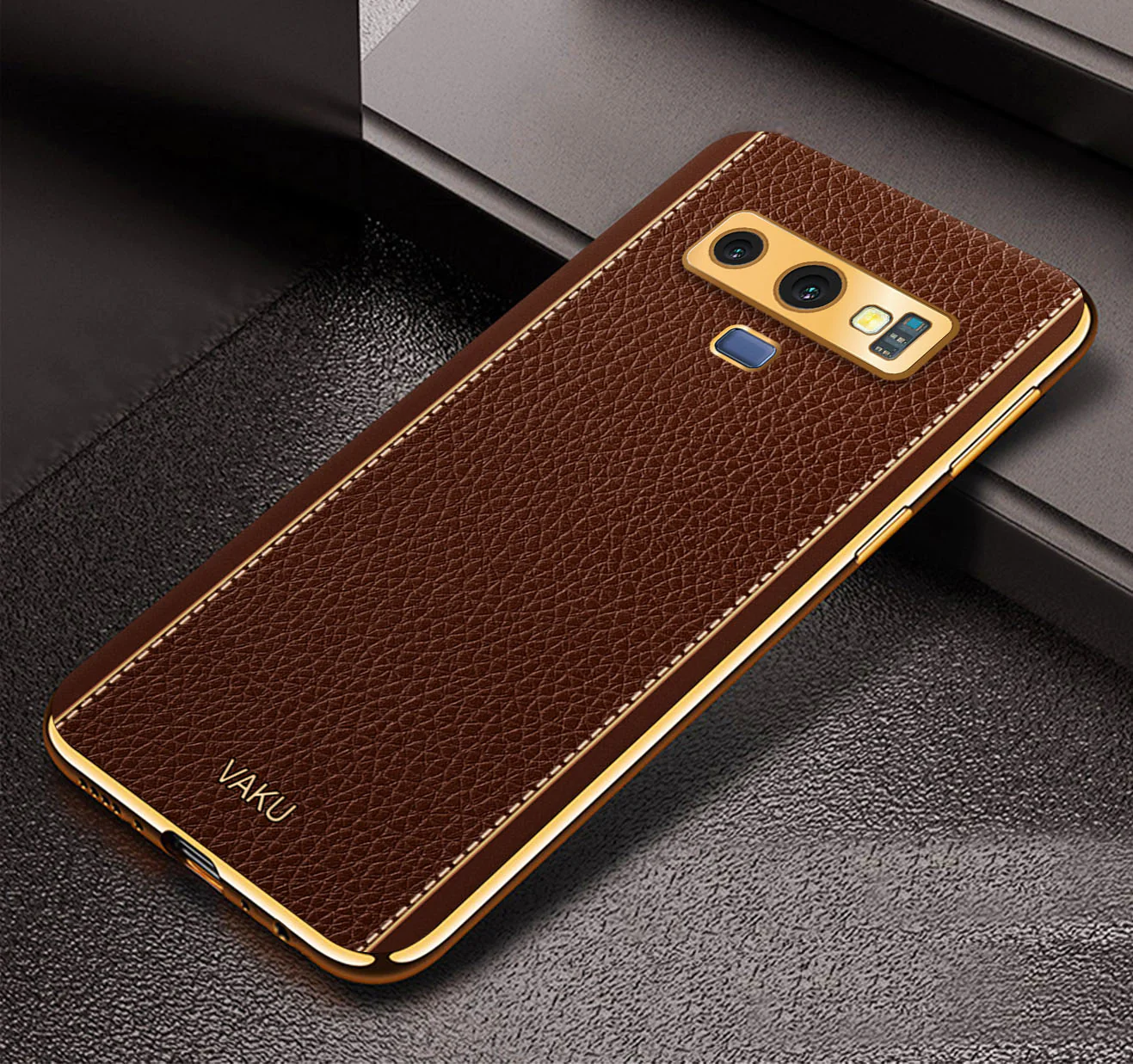 Vaku® Samsung Galaxy Note 9 Luxemberg Series Leather Stitched Gold Electroplated Soft TPU Back Cover - Image 5