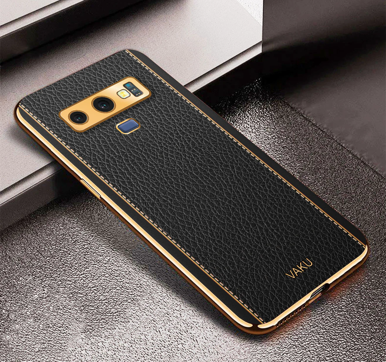 Vaku® Samsung Galaxy Note 9 Luxemberg Series Leather Stitched Gold Electroplated Soft TPU Back Cover - Image 6
