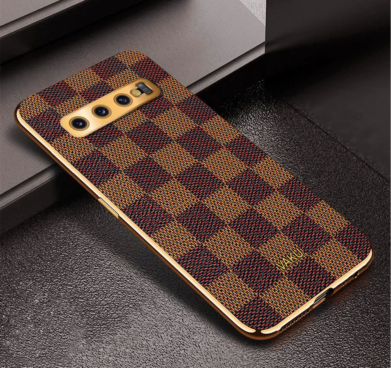 Vaku® Samsung Galaxy S10 Cheron Series Leather Stitched Gold Electroplated Soft TPU Back Cover - Image 3
