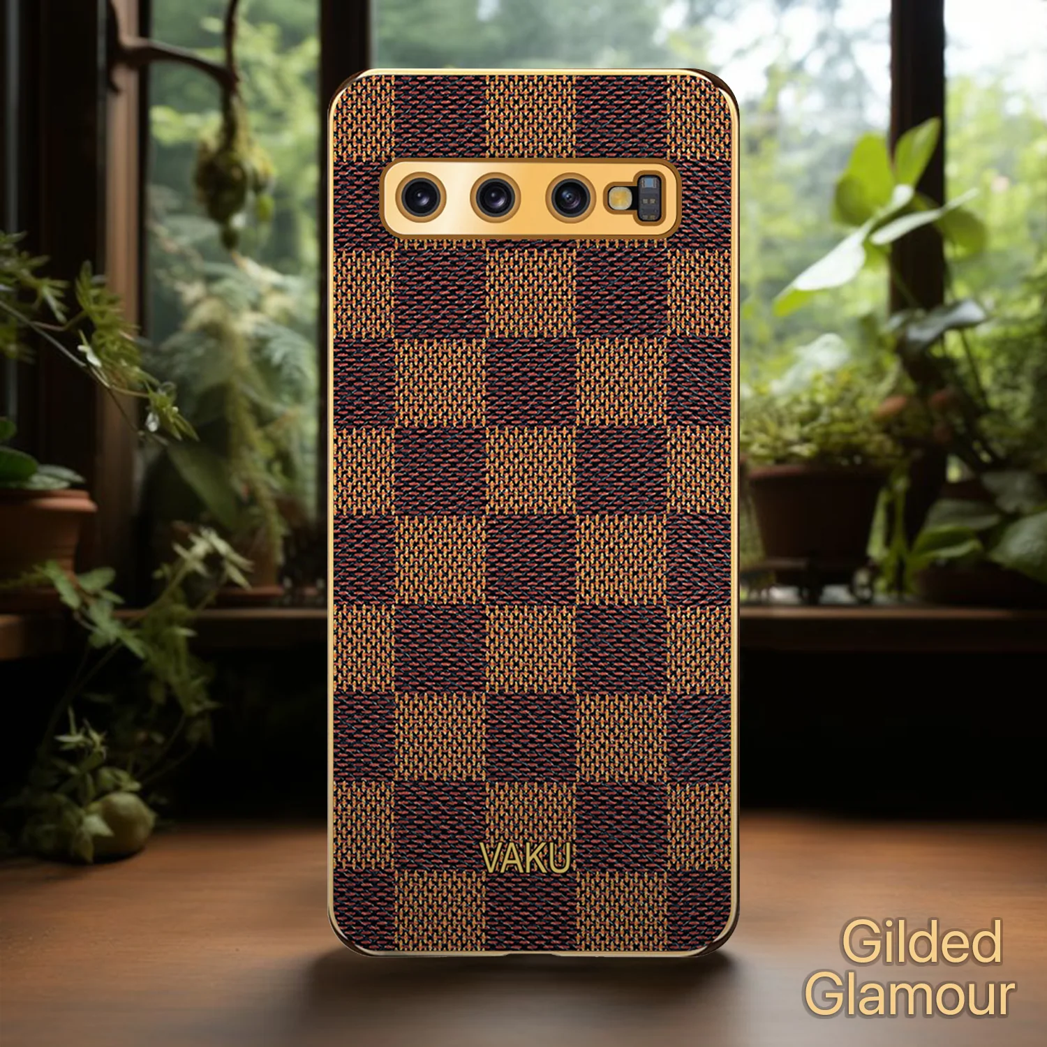 Vaku® Samsung Galaxy S10 Cheron Series Leather Stitched Gold Electroplated Soft TPU Back Cover - Image 5