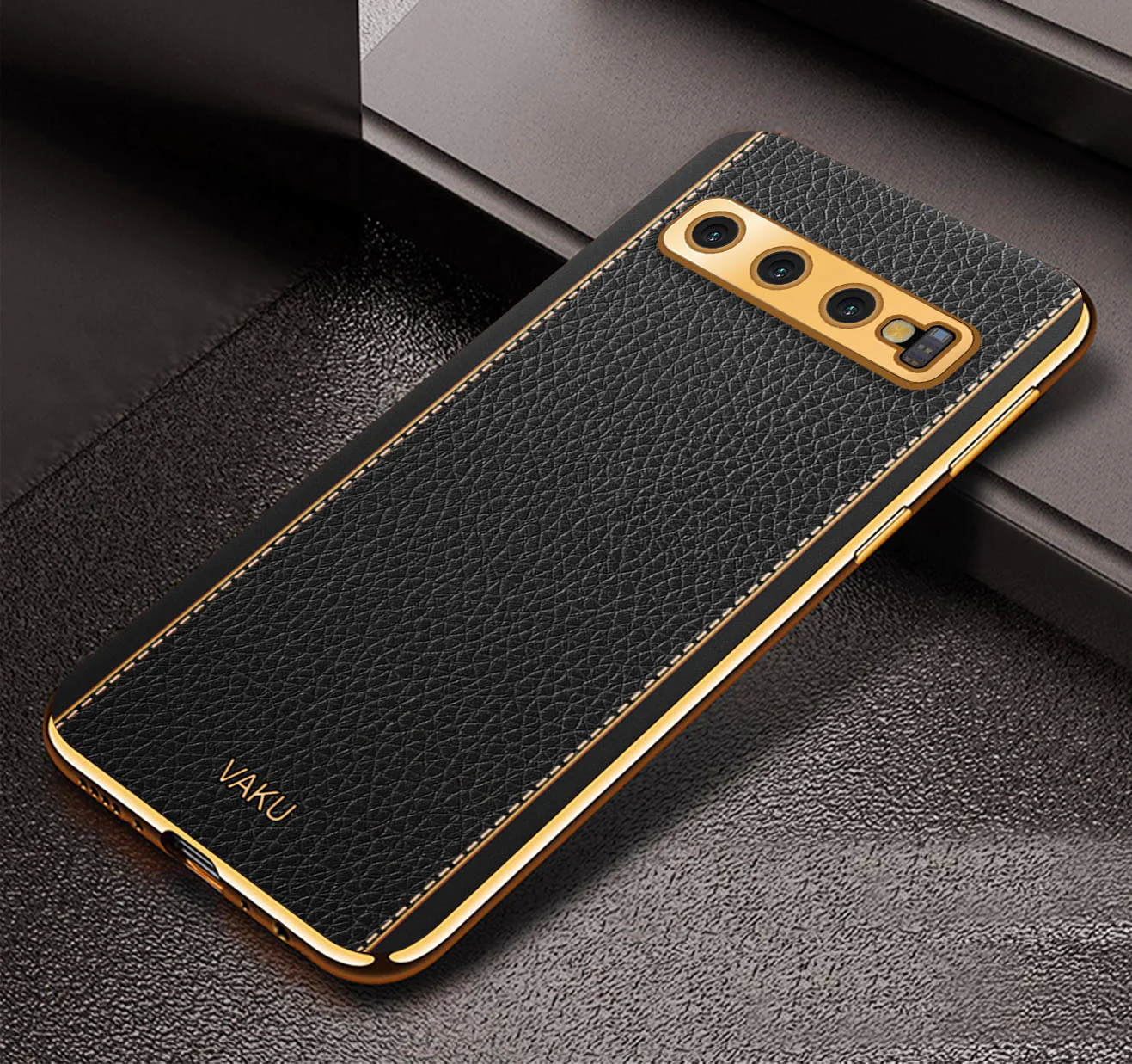 Vaku® Samsung Galaxy S10 Luxemberg Series Leather Stitched Gold Electroplated Soft TPU Back Cover - Image 11