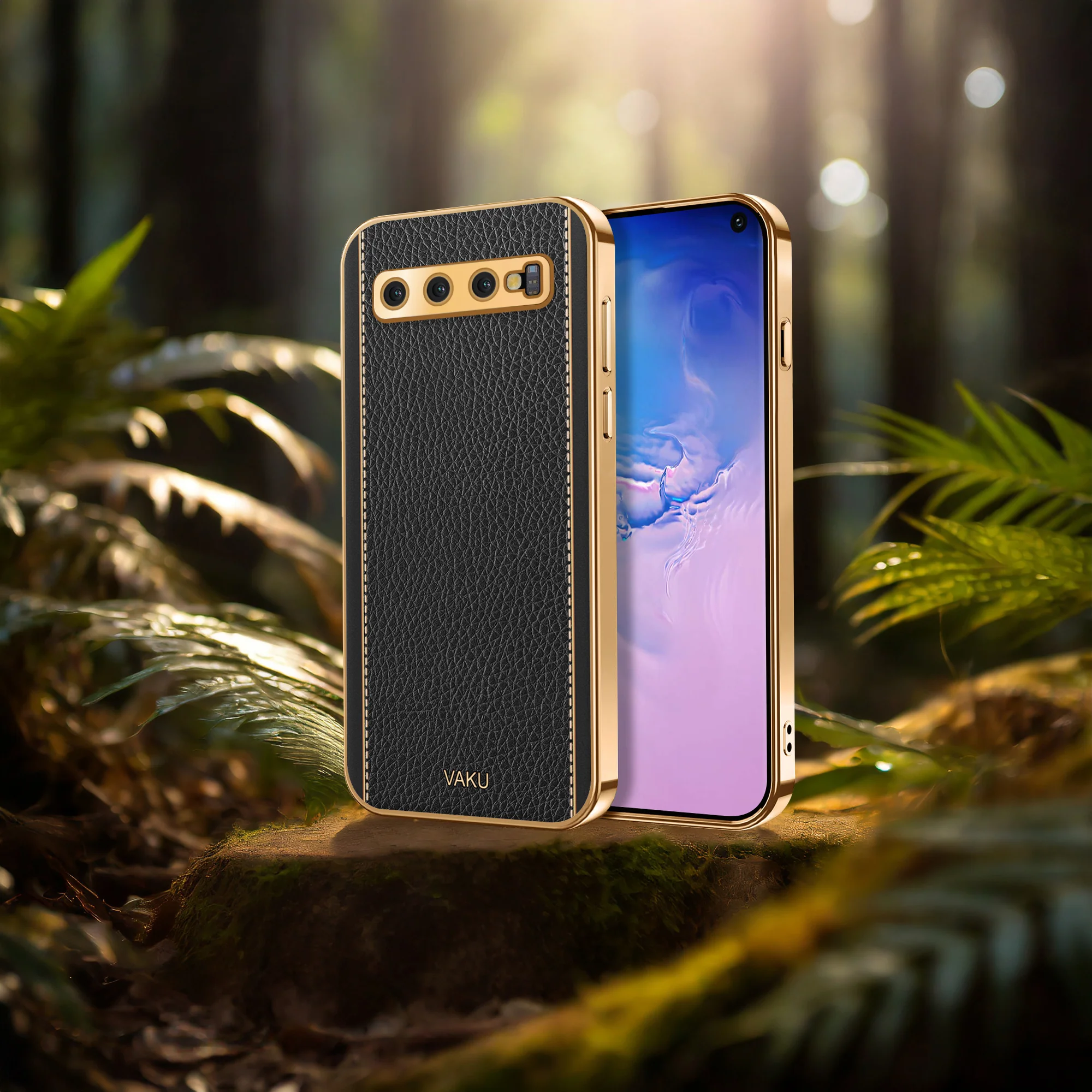 Vaku® Samsung Galaxy S10 Luxemberg Series Leather Stitched Gold Electroplated Soft TPU Back Cover - Image 14