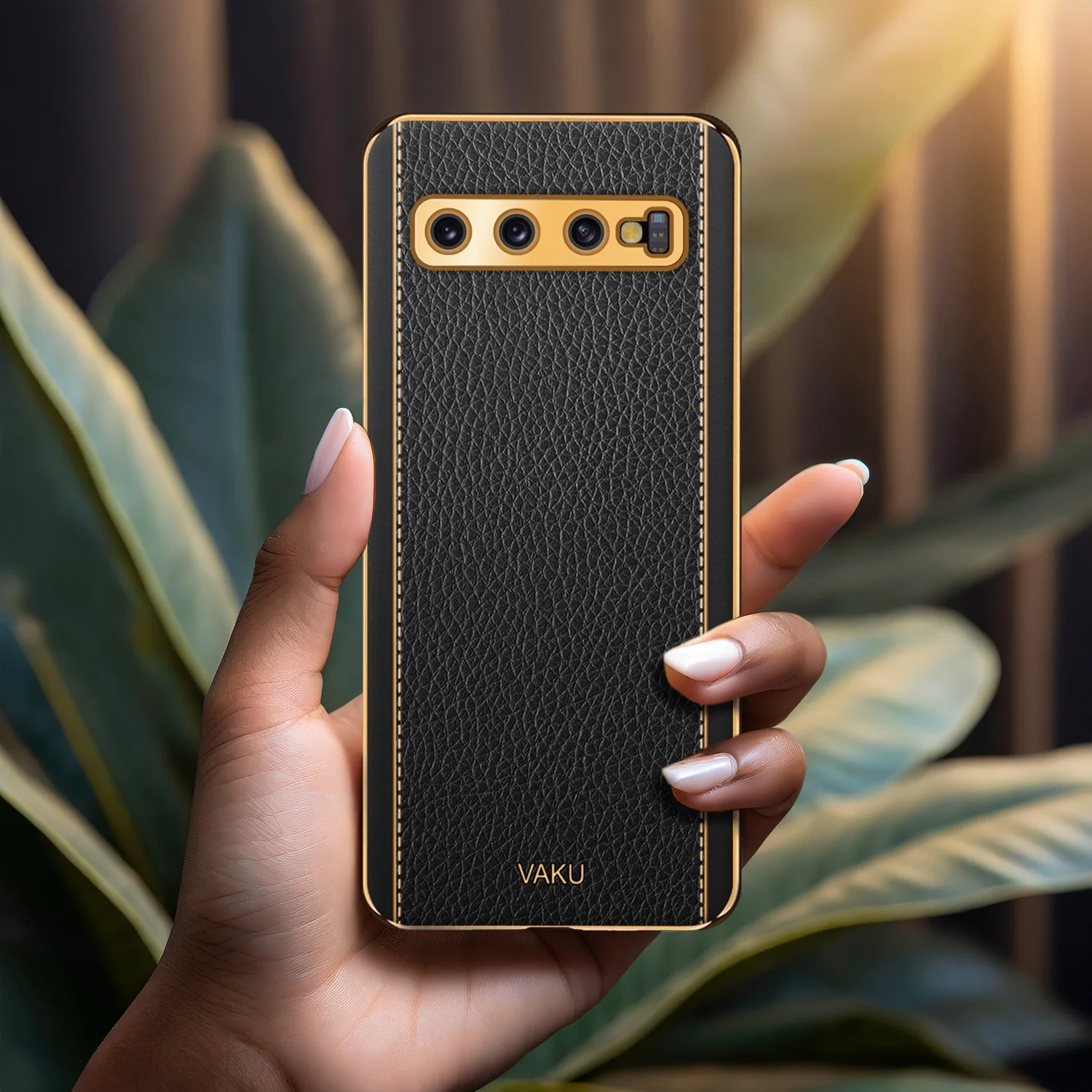 Vaku® Samsung Galaxy S10 Luxemberg Series Leather Stitched Gold Electroplated Soft TPU Back Cover - Image 15