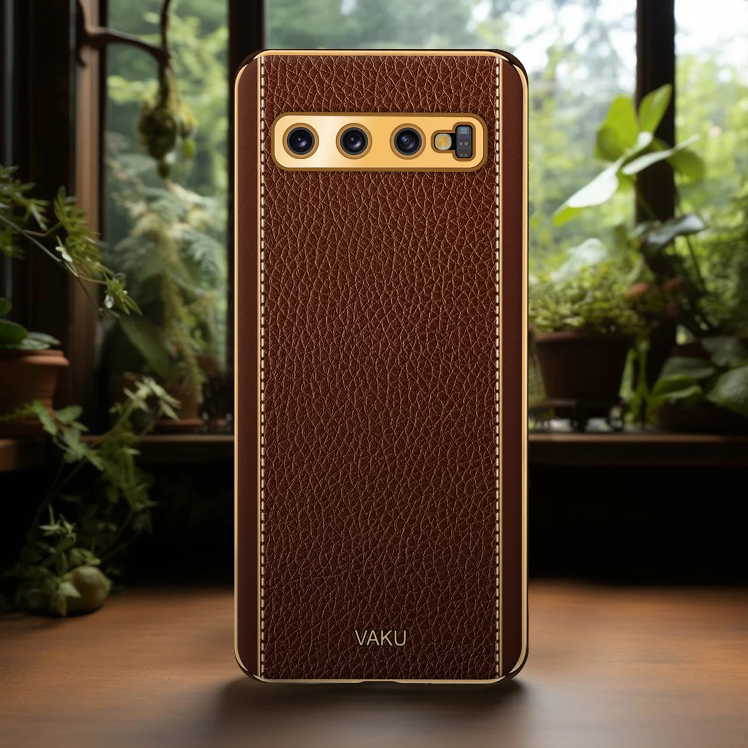 Vaku® Samsung Galaxy S10 Luxemberg Series Leather Stitched Gold Electroplated Soft TPU Back Cover - Image 16