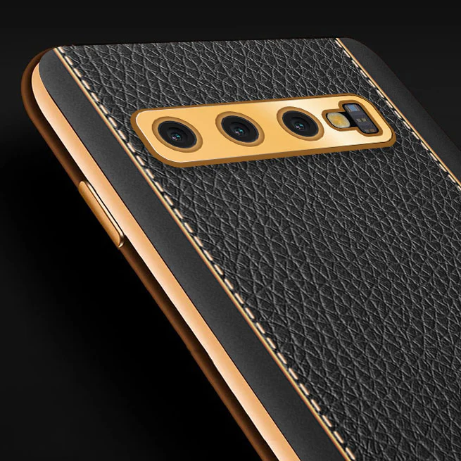 Vaku® Samsung Galaxy S10 Luxemberg Series Leather Stitched Gold Electroplated Soft TPU Back Cover - Image 2