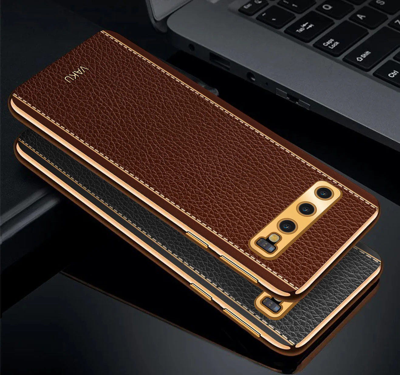 Vaku® Samsung Galaxy S10 Luxemberg Series Leather Stitched Gold Electroplated Soft TPU Back Cover - Image 3