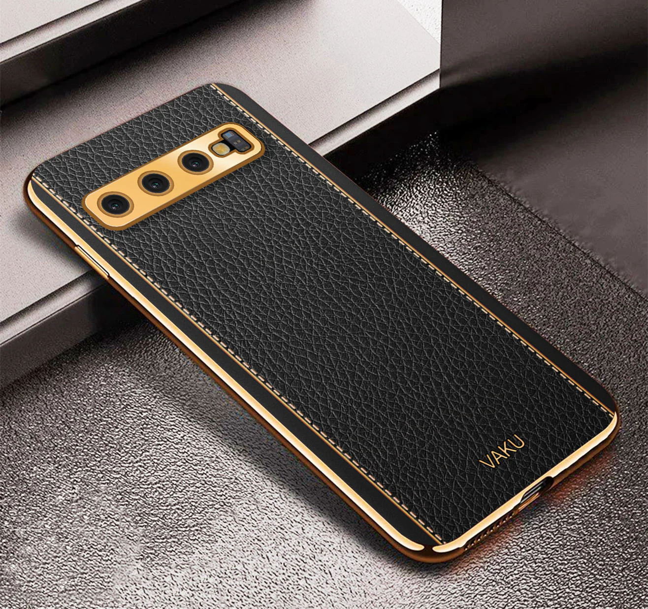 Vaku® Samsung Galaxy S10 Luxemberg Series Leather Stitched Gold Electroplated Soft TPU Back Cover - Image 4