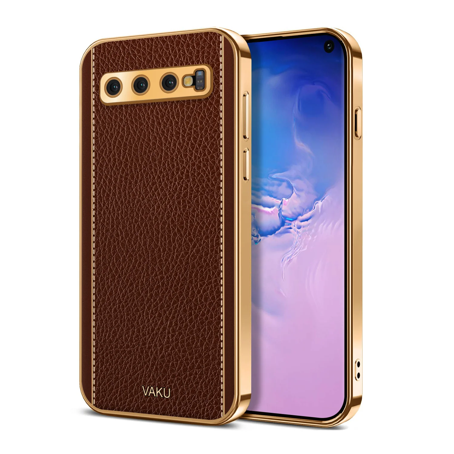Vaku® Samsung Galaxy S10 Luxemberg Series Leather Stitched Gold Electroplated Soft TPU Back Cover - Image 5
