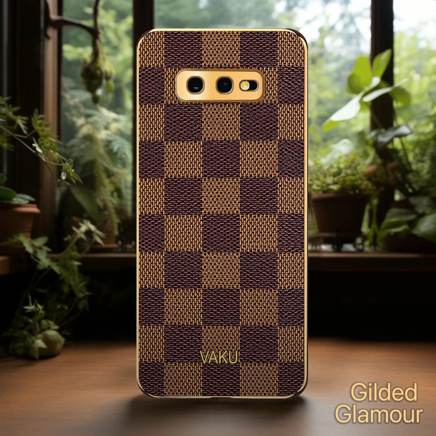 Vaku® Samsung Galaxy S10e Cheron Series Leather Stitched Gold Electroplated Soft TPU Back Cover - Image 6