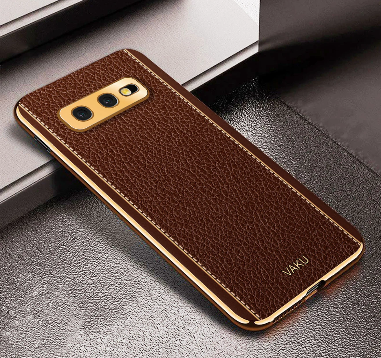 Vaku® Samsung Galaxy S10e Luxemberg Leather Stitched Gold Electroplated Soft TPU Back Cover