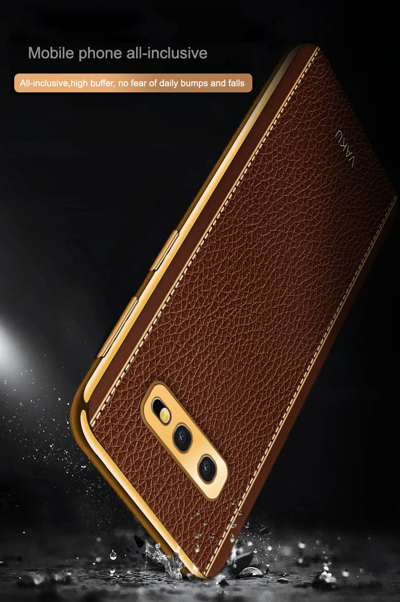 Vaku® Samsung Galaxy S10e Luxemberg Leather Stitched Gold Electroplated Soft TPU Back Cover - Image 11