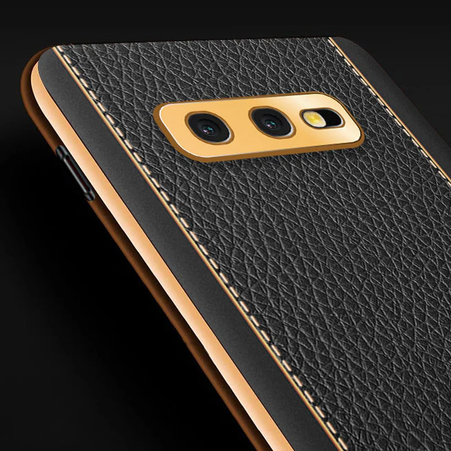 Vaku® Samsung Galaxy S10e Luxemberg Leather Stitched Gold Electroplated Soft TPU Back Cover - Image 2