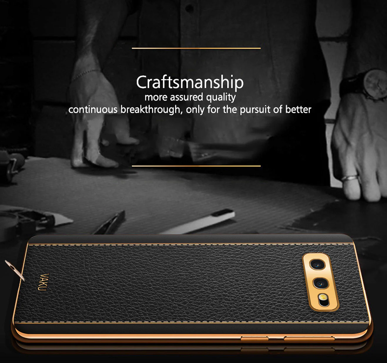 Vaku® Samsung Galaxy S10e Luxemberg Leather Stitched Gold Electroplated Soft TPU Back Cover - Image 3