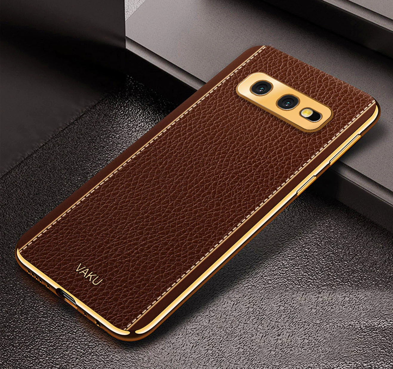 Vaku® Samsung Galaxy S10e Luxemberg Leather Stitched Gold Electroplated Soft TPU Back Cover - Image 5