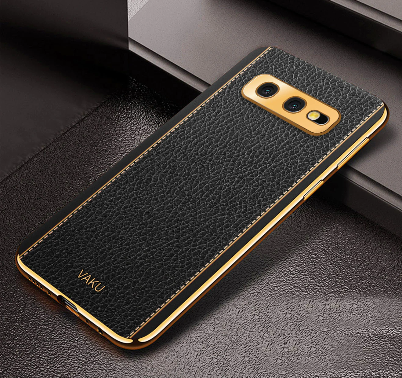 Vaku® Samsung Galaxy S10e Luxemberg Leather Stitched Gold Electroplated Soft TPU Back Cover - Image 6