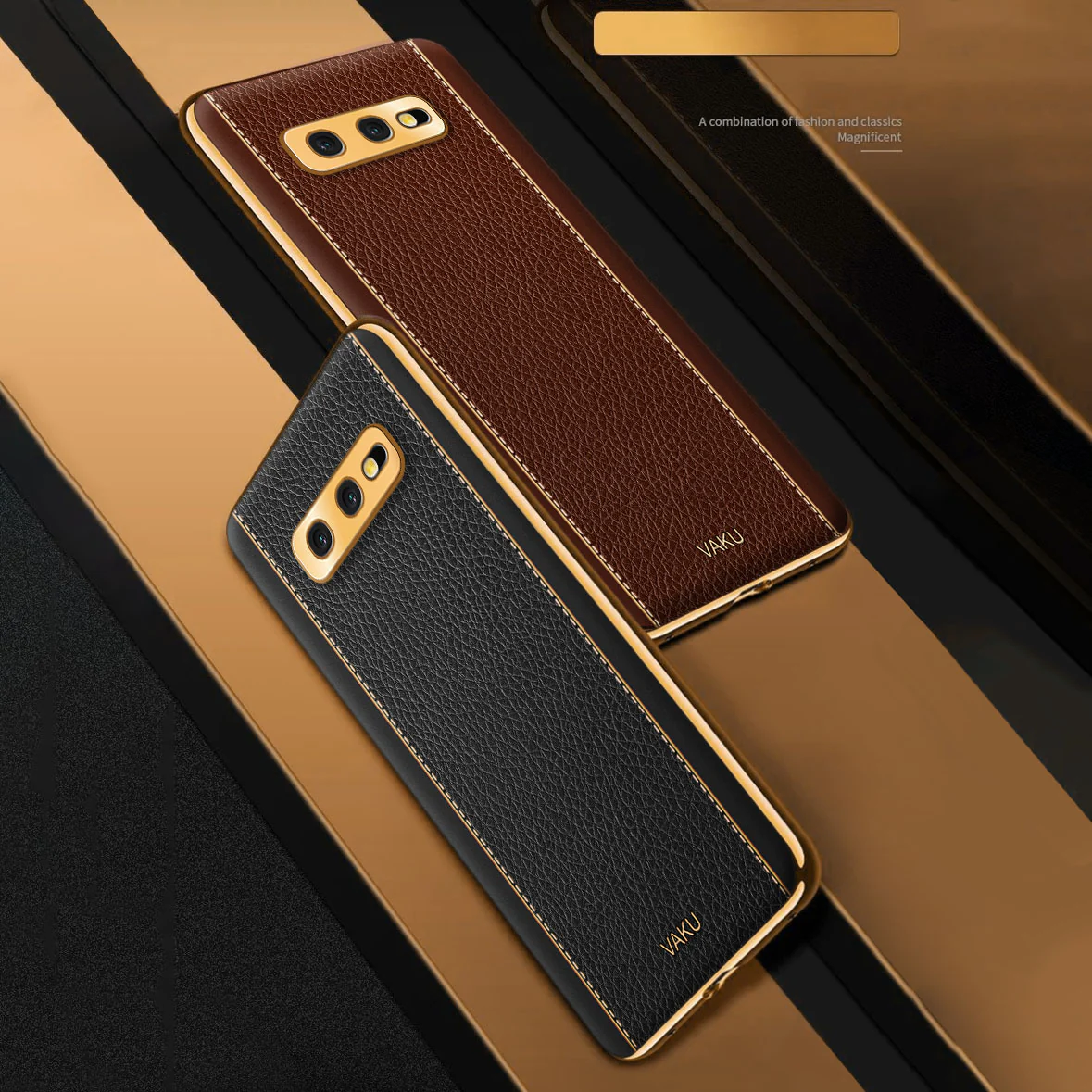 Vaku® Samsung Galaxy S10e Luxemberg Leather Stitched Gold Electroplated Soft TPU Back Cover - Image 8