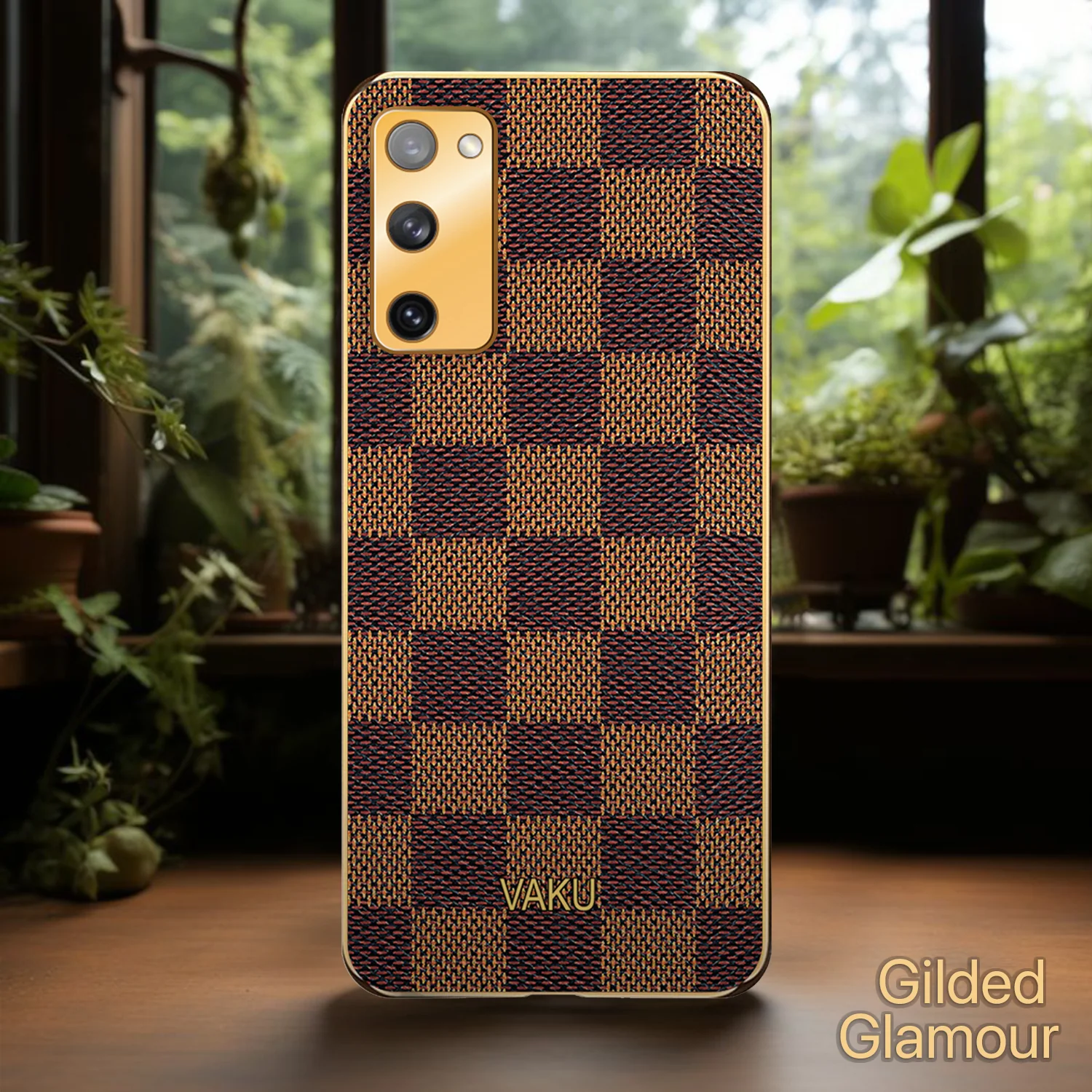 Vaku® Samsung Galaxy S20 FE Cheron Series Leather Stitched Gold Electroplated Soft TPU Back Cover - Image 6