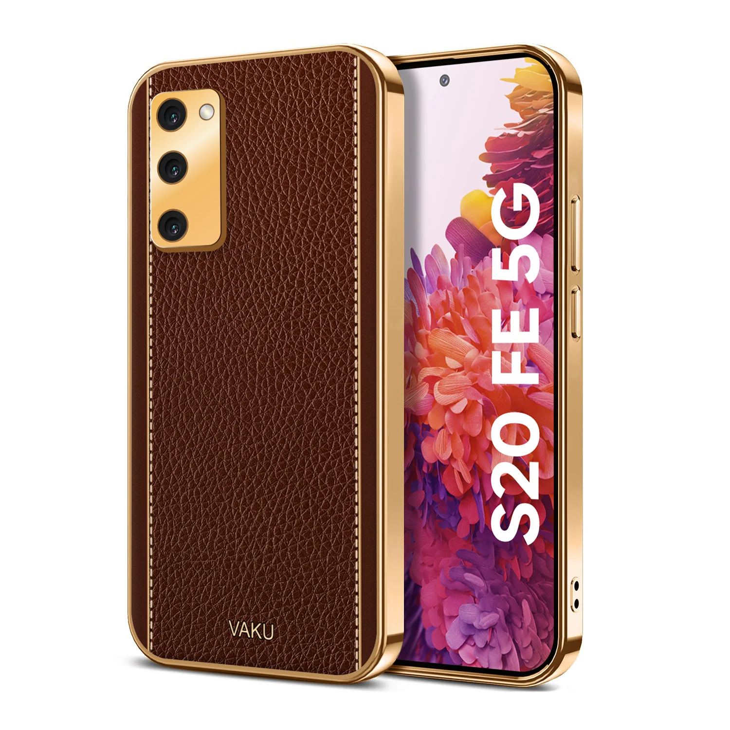 Vaku® Samsung Galaxy S20 FE Luxemberg Series Leather Stitched Gold Electroplated Soft TPU Back Cover - Image 10