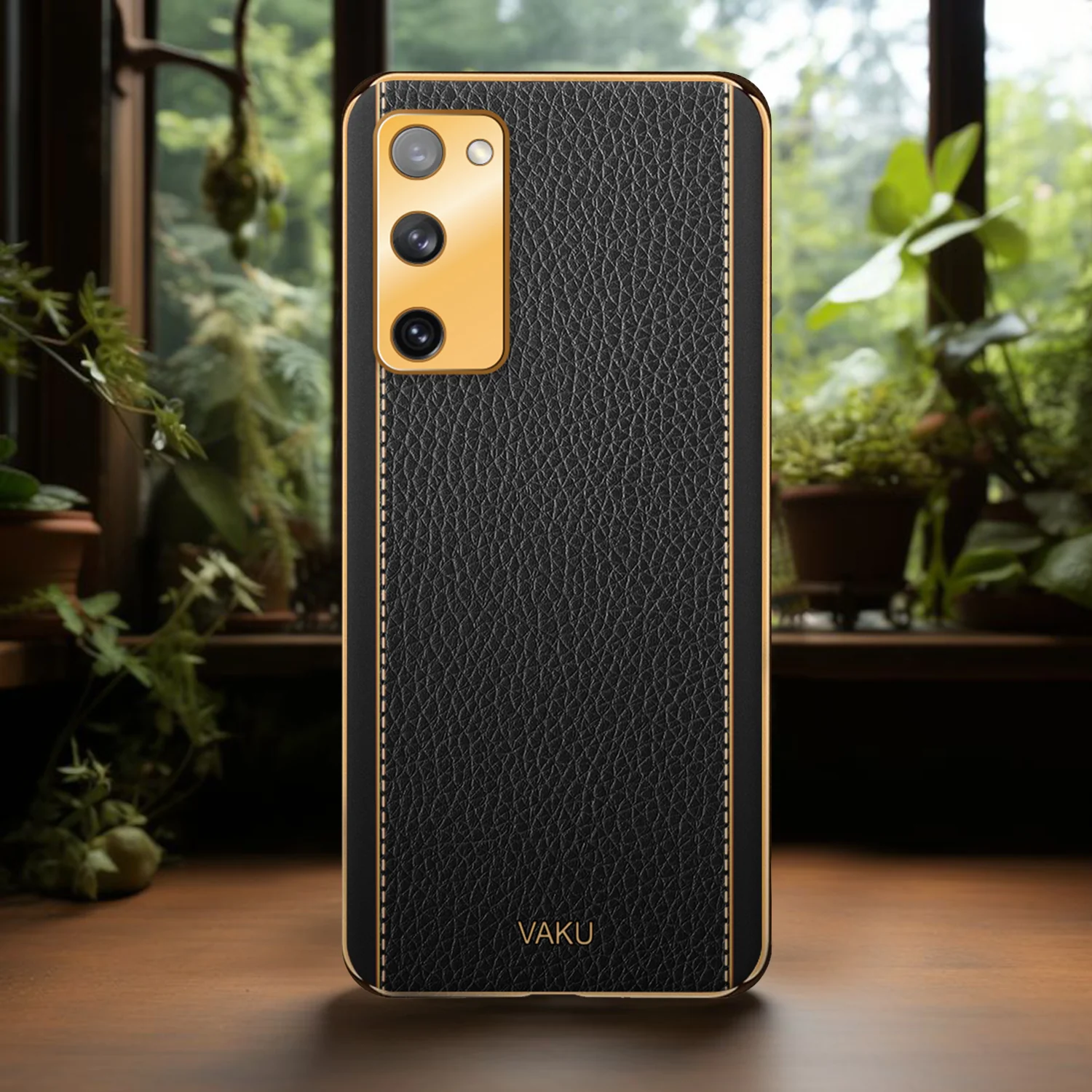 Vaku® Samsung Galaxy S20 FE Luxemberg Series Leather Stitched Gold Electroplated Soft TPU Back Cover - Image 13