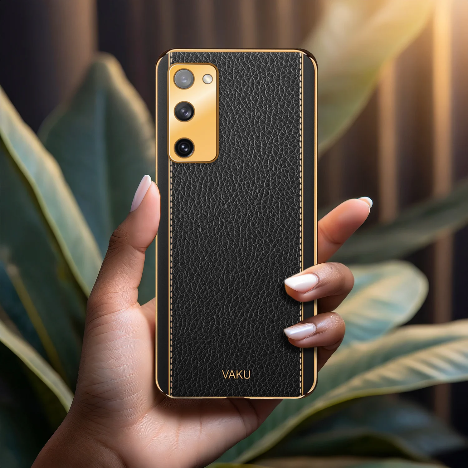Vaku® Samsung Galaxy S20 FE Luxemberg Series Leather Stitched Gold Electroplated Soft TPU Back Cover - Image 15