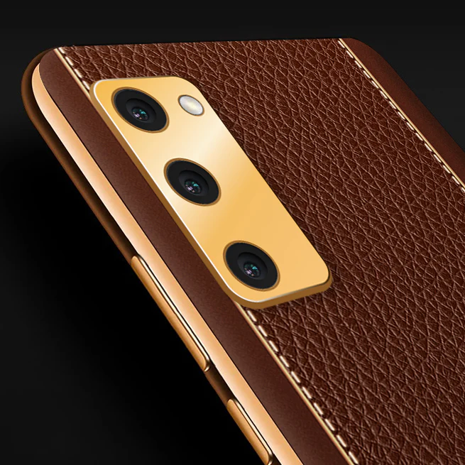 Vaku® Samsung Galaxy S20 FE Luxemberg Series Leather Stitched Gold Electroplated Soft TPU Back Cover - Image 2