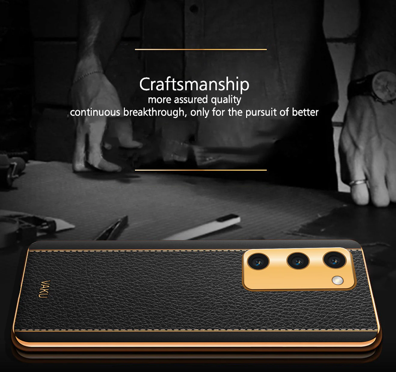 Vaku® Samsung Galaxy S20 FE Luxemberg Series Leather Stitched Gold Electroplated Soft TPU Back Cover - Image 6