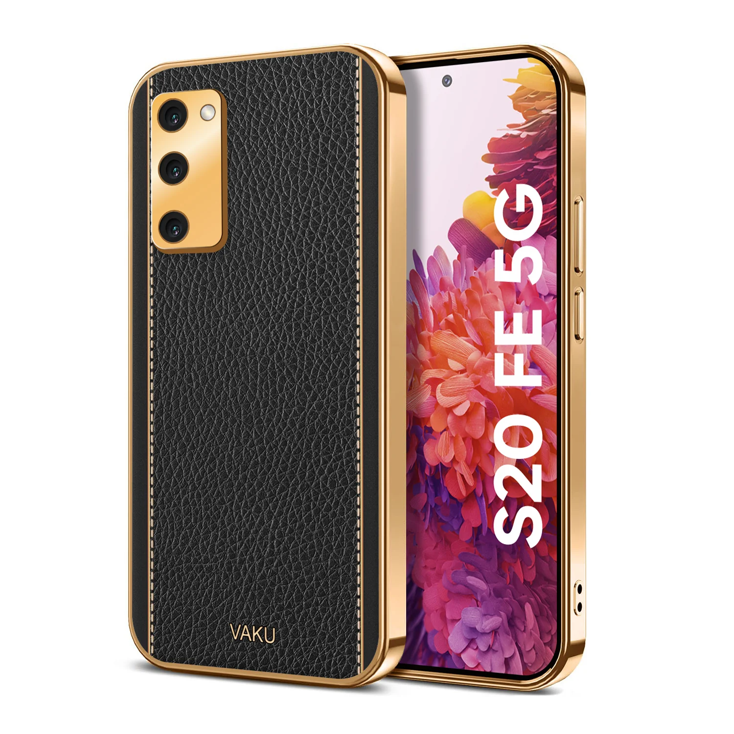 Vaku® Samsung Galaxy S20 FE Luxemberg Series Leather Stitched Gold Electroplated Soft TPU Back Cover - Image 7